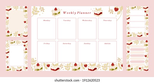 Set of printable weekly planner, notepad design, memo, school organizer, schedule, journal paper template, daily to do list with colorful cake, cute pastry, bakery element, strawberry and leaf branch 