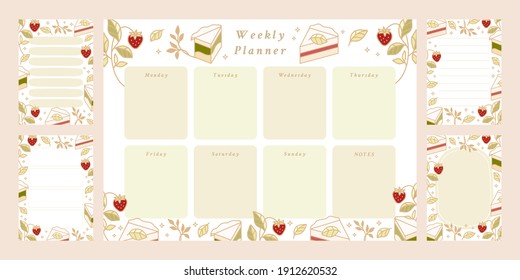 Set of printable weekly planner, notepad design, memo, school organizer, schedule, journal paper template, daily to do list with colorful cake, cute pastry, bakery element, strawberry and leaf branch 