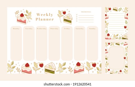 Set of printable weekly planner, notepad design, memo, school organizer, schedule, journal paper template, daily to do list with colorful cake, cute pastry, bakery element, strawberry and leaf branch 