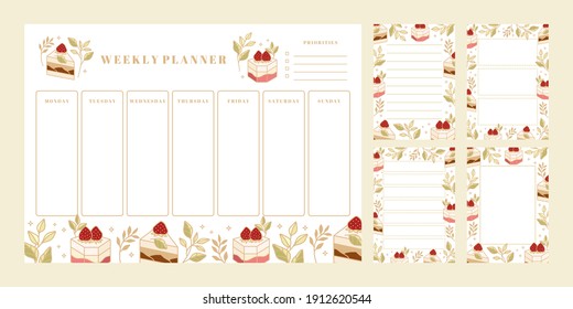Set of printable weekly planner, notepad design, memo, school organizer, schedule, journal paper template, daily to do list with colorful cake, cute pastry, bakery element, strawberry and leaf branch 