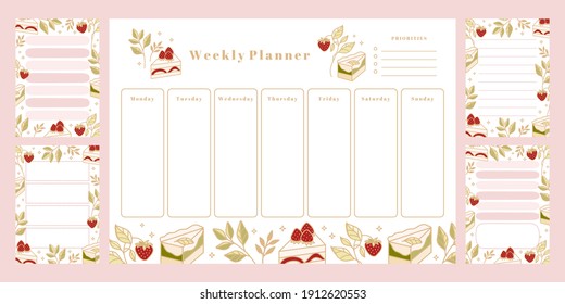 Set of printable weekly planner, notepad design, memo, school organizer, schedule, journal paper template, daily to do list with colorful cake, cute pastry, bakery element, strawberry and leaf branch 