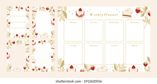 Set of printable weekly planner, notepad design, memo, school organizer, schedule, journal paper template, daily to do list with colorful cake, cute pastry, bakery element, strawberry and leaf branch 