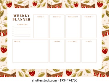 Set of printable weekly planner, notepad design, memo, school organizer, schedule, journal paper template, daily to do list with colorful cake, cute pastry, bakery element, strawberry and leaf branch 