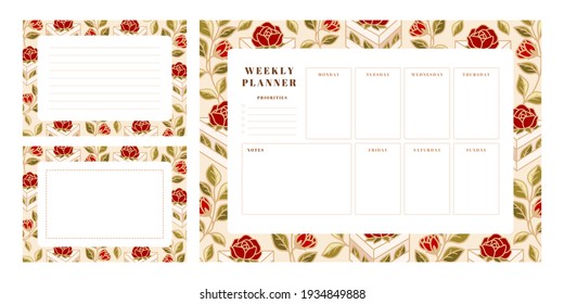 Set of printable weekly planner, notepad design, memo, school organizer, schedule, journal paper template, daily to do list with colorful cake, cute pastry, bakery element, strawberry and leaf branch 