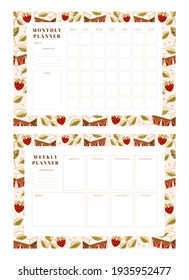 Set of printable weekly planner, notepad design, memo, school organizer, schedule, journal paper template, daily to do list with colorful cake, cute pastry, bakery element, strawberry and leaf branch 