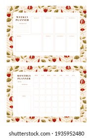 Set of printable weekly planner, notepad design, memo, school organizer, schedule, journal paper template, daily to do list with colorful cake, cute pastry, bakery element, strawberry and leaf branch 