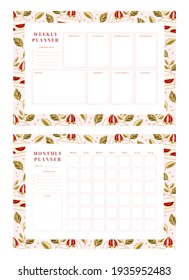 Set of printable weekly planner, notepad design, memo, school organizer, schedule, journal paper template, daily to do list with colorful cake, cute pastry, bakery element, strawberry and leaf branch 
