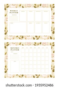 Set of printable weekly planner, notepad design, memo, school organizer, schedule, journal paper template, daily to do list with colorful cake, cute pastry, bakery element, flower and leaf branch 