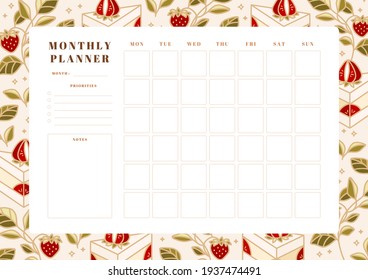 Set of printable weekly planner, notepad design, memo, school organizer, schedule, journal paper template, daily to do list with colorful cake, cute pastry, bakery element, strawberry and leaf branch 