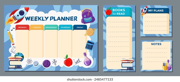 Conjunto del planificador semanal imprimible con horario escolar, pegatinas de papel de notas, rastreador de libros y lista de tareas pendientes. Plantilla del planificador semanal de la escuela infantil. Ilustración plana de Vector.