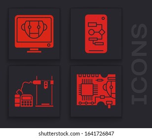 Set Printed circuit board PCB, Bot, Algorithm and 3D printer icon. Vector