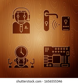 Set Printed circuit board PCB, Worker robot, Robot and digital time manager and Digital door lock with wireless technology for unlock on wooden background. Vector