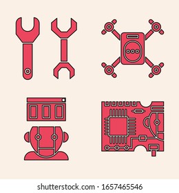 Set Printed circuit board PCB, Spanner, Drone flying with action camera and Robot icon. Vector