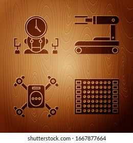 Set Printed circuit board PCB, Robot and digital time manager, Drone flying with action camera and Robot on wooden background. Vector