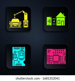 Ajuste tarjeta de circuitos impresos PCB, máquina industrial robótica mano brazo robot, componentes electrónicos componentes de computadora motherboard chip digital y hogar inteligente. Botón cuadrado negro. Vector