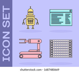 Set Printed circuit board PCB, Robot, Robot and Software, web developer programming code icon. Vector