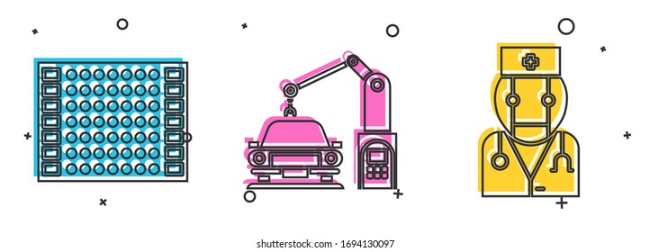 Set Printed circuit board PCB, Industrial machine robotic robot arm hand and Robot doctor icon. Vector