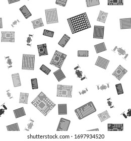Set Printed circuit board PCB, Computer api interface, Drone flying with action camera and Printed circuit board PCB on seamless pattern. Vector