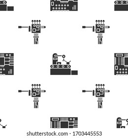Ajuste PCB de la tarjeta de circuitos impresa, correa del sistema transportador de fábrica y Mano mecánica del robot y destornillador en un patrón sin fisuras. Vector