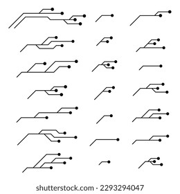 Set of printed circuit board PCB tracks silhouettes isolated on white background. Technical clipart with lines and dots. Dividers for design. Design element.