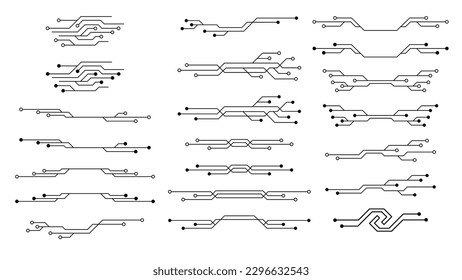 Conjunto de siluetas de pistas PCB de circuito impreso aisladas en fondo blanco. Clipart técnica. Divisores para el diseño. Elemento de diseño de vectores.