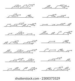 Set of printed circuit board PCB tracks isolated on white background. Technical clipart with lines and rings at the ends. Dividers for design. Vector design element.