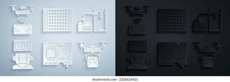 Set Printed circuit board PCB, 3D printer, Robot, Drone delivery concept,  and Remote aerial drone icon. Vector