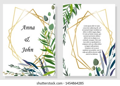 set of printed products for the wedding, invitations, greetings, cards, with elements of plants and flowers in a romantic style