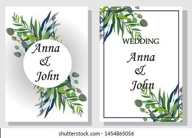 set of printed products for the wedding, invitations, greetings, cards, with elements of plants and flowers in a romantic style