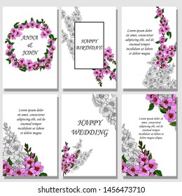 set of printed products for the wedding, invitations, greetings, cards, with elements of plants and flowers in a romantic style