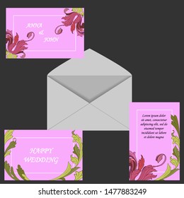 set of printed products for the wedding, invitations, greetings, cards, with elements of plants and flowers in a romantic style