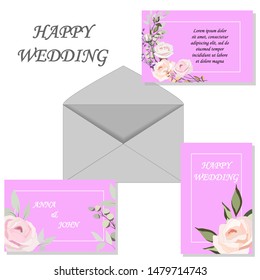 set of printed products for the wedding, invitations, greetings, cards, with elements of plants and flowers in a romantic style