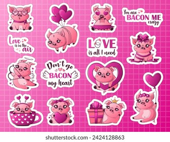 set of printed stickers with cartoon kawaii pigs in love. Cute animals for Valentine's Day.