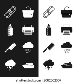 Ajuste impresora, botella de bebé, enlace de cadena, bolso de mano, helicóptero de carne y nube con icono de lluvia de nieve. Vector