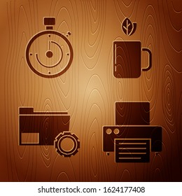 Set Printer, Briefcase, Folder settings with gears and Cup of tea and leaf on wooden background. Vector