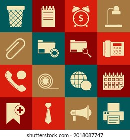 Set Printer, Calendar, Telephone, Alarm clock with dollar symbol, Folder settings gears, Paper clip, Trash can and Search concept folder icon. Vector
