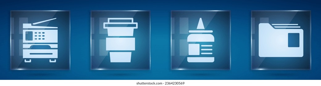 Set Printer, Coffee cup to go, Glue and Document folder. Square glass panels. Vector