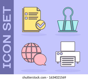 Set Printer, Document and check mark, World map made from speech bubble and Binder clip icon. Vector