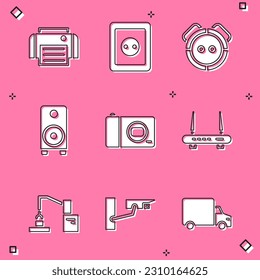Set Printer, Electrical outlet, Robot vacuum cleaner, Stereo speaker, Photo camera, Router and wi-fi signal, Robotic robot arm hand factory and Security icon. Vector