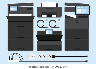 Conjunto de impresora, fax, escáner y copiadoras, dispositivo de equipo de oficina, cable de tierra y cable de conexión, enchufe e interruptor eléctrico en diferentes estilos y cable eléctrico. 