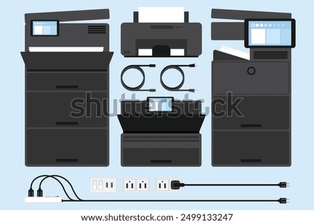 Set of printer, Fax, Scanner and copy machines, Office equipment device, Lan cable and connect wire, Electric plug and switch in different styles and electric wire. 