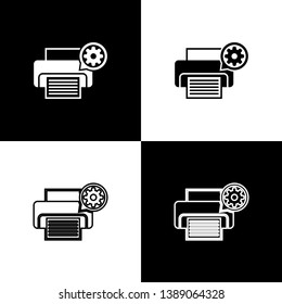 Set Printer and gear icons isolated on black and white background. Adjusting app, service concept, setting options, maintenance, repair, fixing. Vector Illustration