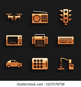 Set Printer, Graphic tablet, Robotic robot arm hand factory, Keyboard, Car, Microwave oven, Traffic light and Drone flying icon. Vector