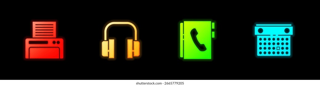Definir ícone Impressora, Fones de ouvido, Catálogo de endereços e Calendário. Vetor