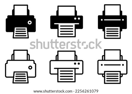 Set of printer icons. Printer or fax symbol, print. Desktop printer and document. Printing sign. Vector.