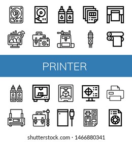 Set of printer icons such as Hard disk, Office, Camera bag, Ink, Printing, Cartridge, Plotter, Print cylinder, Printer, d printing, Hard drive, Cmyk, Leaflet, Printing test , printer