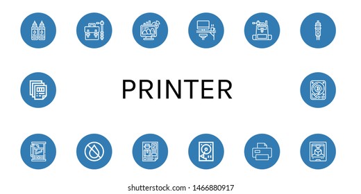 Set of printer icons such as Ink, Camera bag, Office, Cartridge, Guillotine, Leaflet, Hard disk, Printer, d printing, Printing , printer