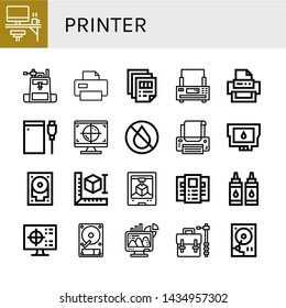 Set of printer icons such as Office, Camera bag, Printer, Printing, Hard drive, Cmyk, Ink, Ink cartridge, d printer, d printing, Brochure, Hard disk ,
