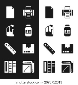Set Printer ink bottle, Empty document, Ruler, Carton cardboard box, Paper size and Brochure icon. Vector
