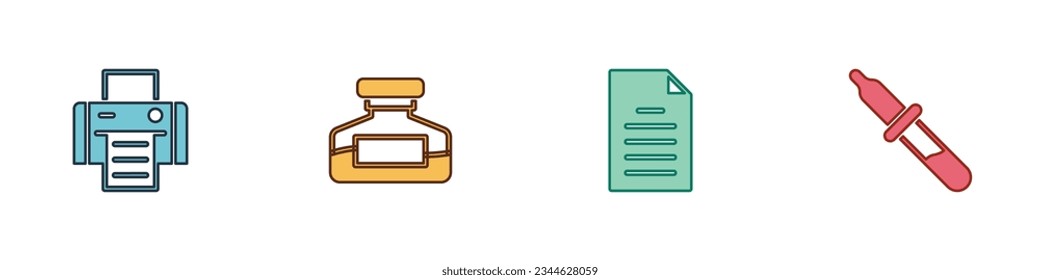 Setzen Sie das Symbol Drucker, Tintenflasche, Dateidokument und Pipette ein. Vektorgrafik